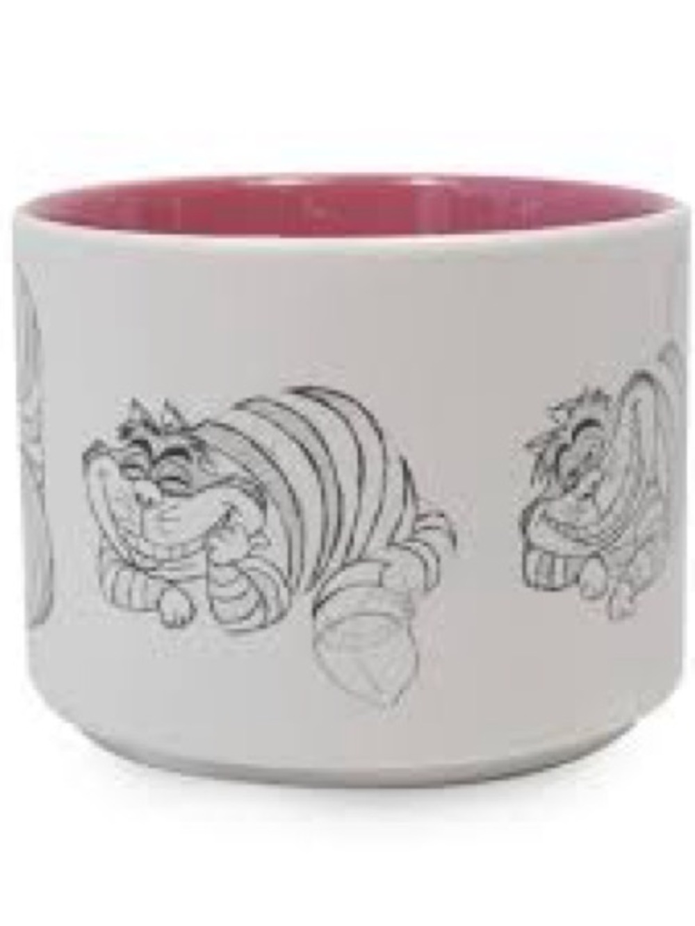 White Ceramic mug with Pink Interior and Cheshire Cat Sketches